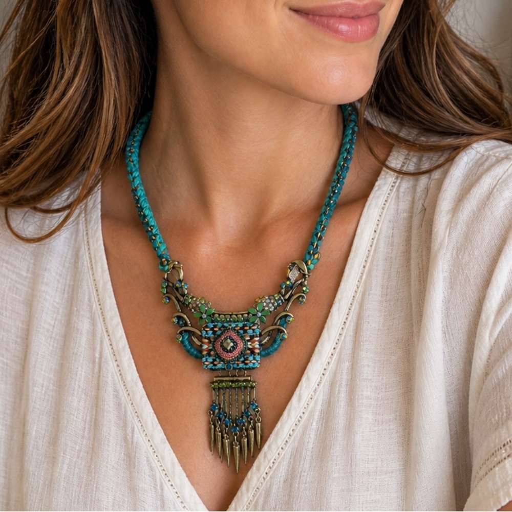 Cara New York Boho Statement Necklace Turquoise Green Fringe Pendant (BR333/4)